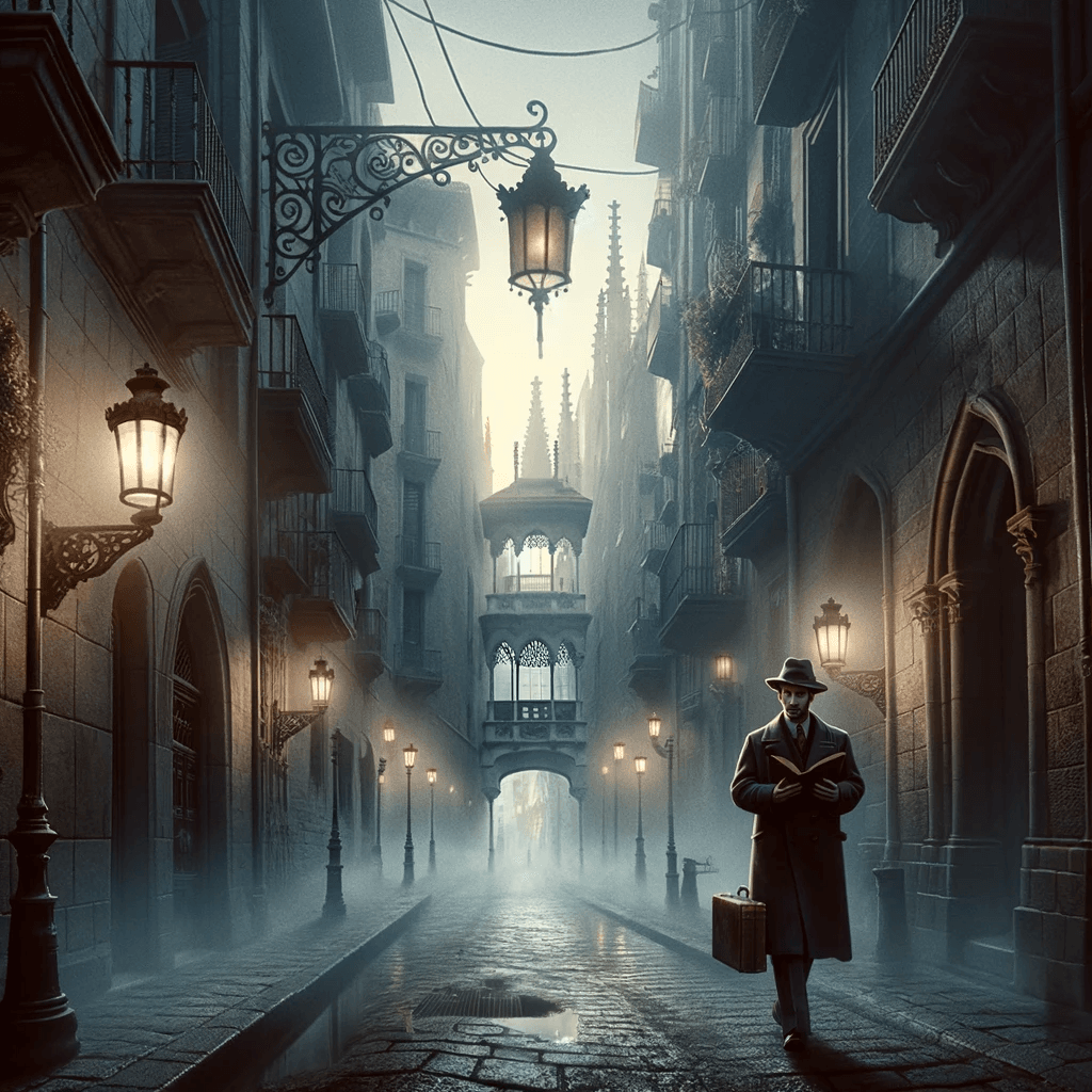 - Illustration inspired by the book 'The Shadow of the Wind' by Carlos Ruiz Zafón. The scene depicts a mysterious, foggy street in Barcelona in the earl
