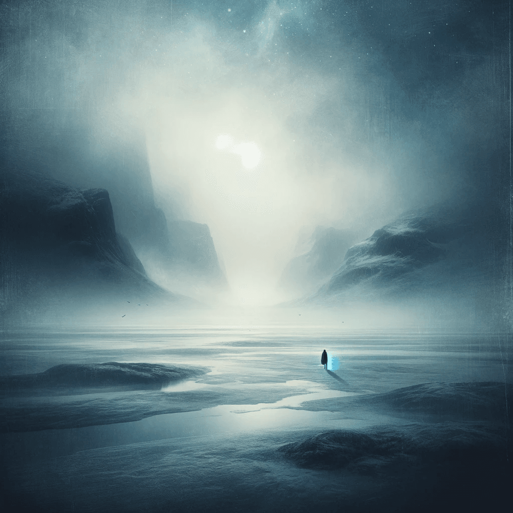 image inspired by the 'Septology' series by Jon Fosse. The scene should be abstract and atmospheric, reflecting the deep, introspective, and