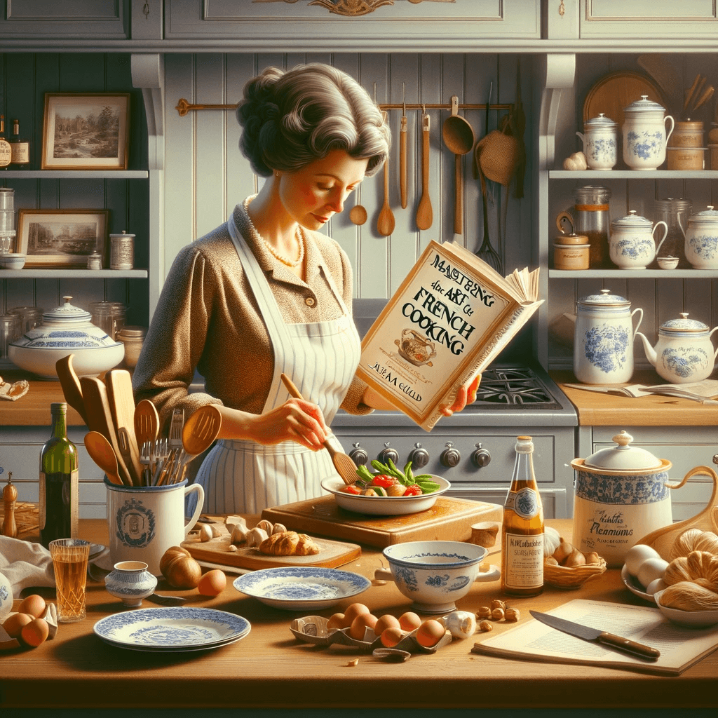 DALL·E 2024-01-03 11.32.10 - A classic kitchen scene with a chef preparing a French dish from 'Mastering the Art of French Cooking' by Julia Child. The kitchen is filled with vari