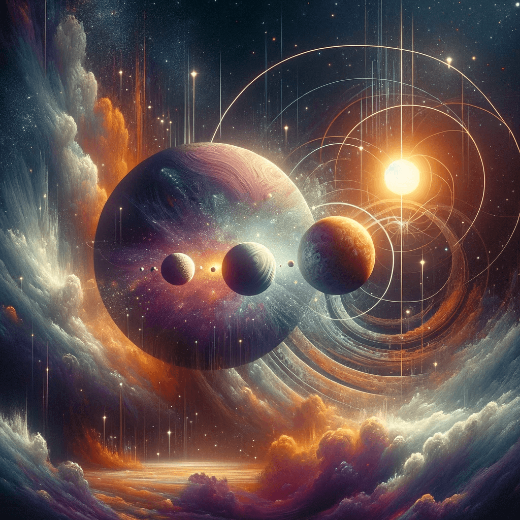 DALL·E 2024-01-12 09.34.31 - An imaginative scene inspired by the sci-fi novel 'The Three-Body Problem'. The image showcases a surreal and abstract landscape, symbolizing the comp
