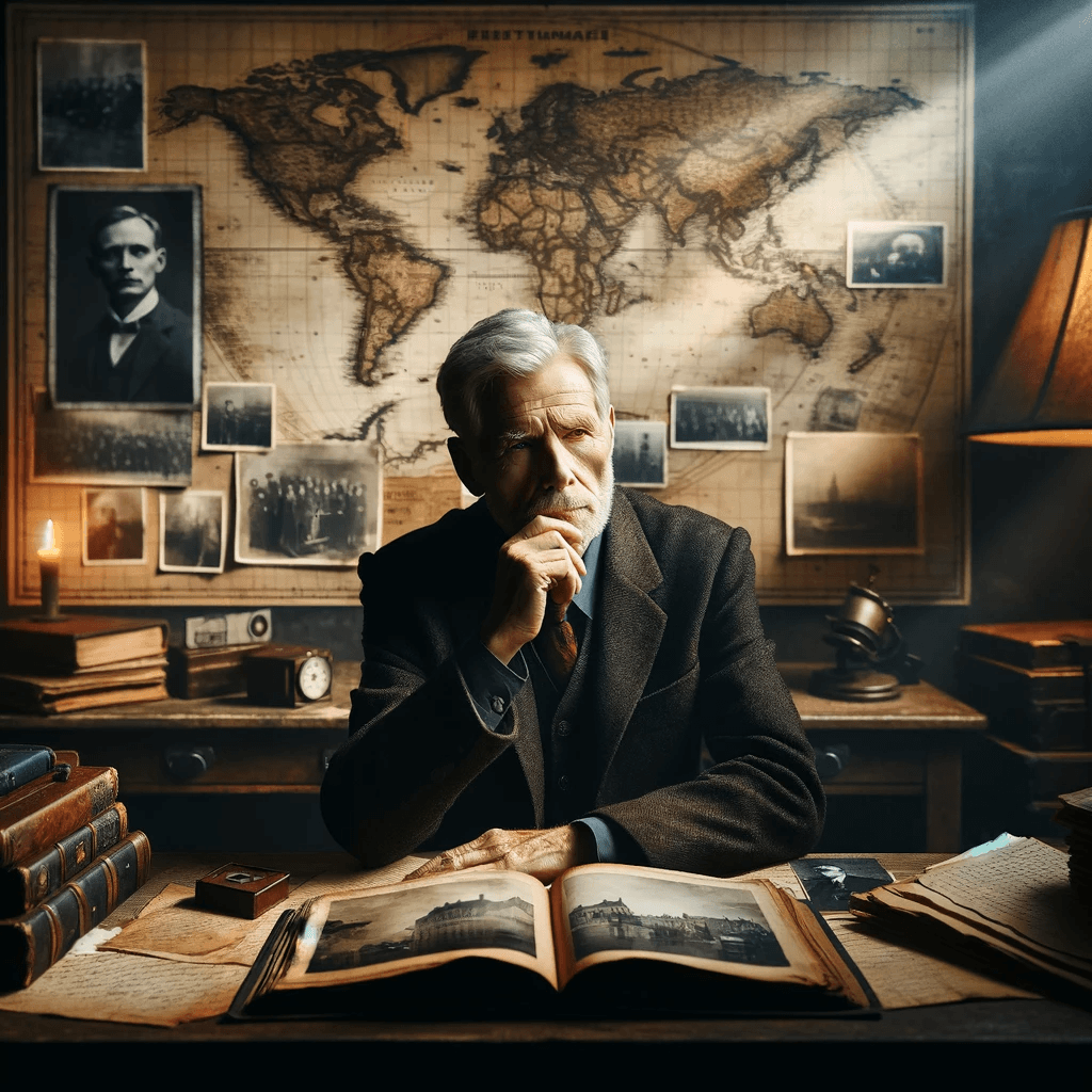 DALL·E 2024-01-18 16.50.40 - An aged, thoughtful man sitting in a dimly lit room, his face marked by time and contemplation. He's surrounded by symbols of history and reflection_