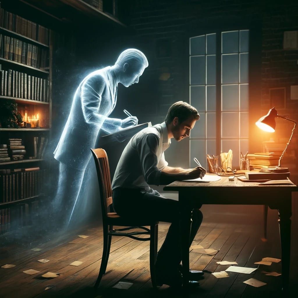 Visualize a scene in a cozy, well-lit study room. At the center, a person is seated at a vintage wooden desk, deeply focused on writing a manuscript