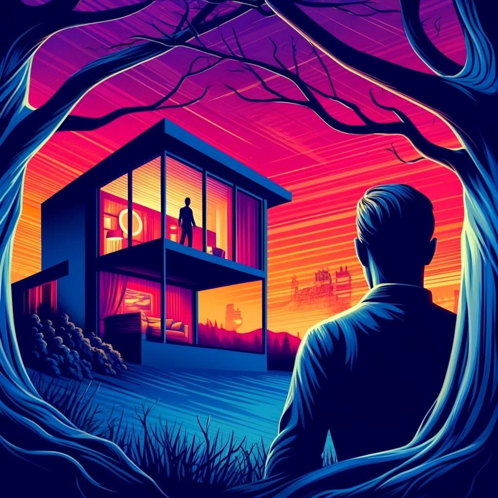 one_ a person in the foreground, silhouetted against a vibrant sunset, peering through trees towards a modern