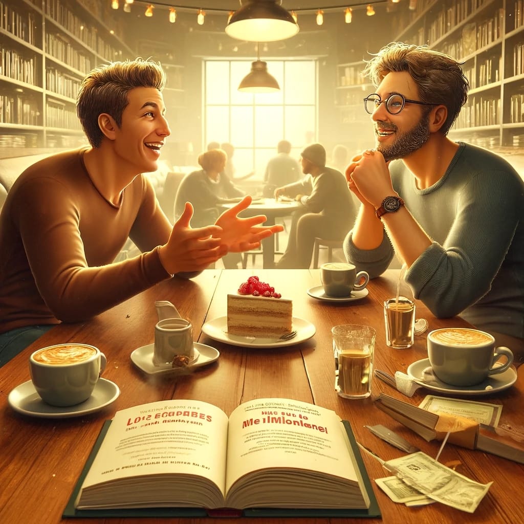 wo friends sitting at a wooden table, deep in conversation. The table is cluttered with two steaming cups of co