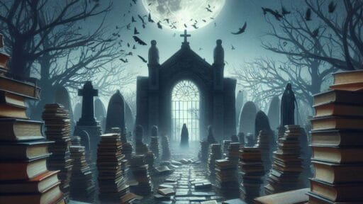 una imagen inspirada en el libro 'la sombra del viento' de Carlos Ruiz Zafon con un cementerio de libros