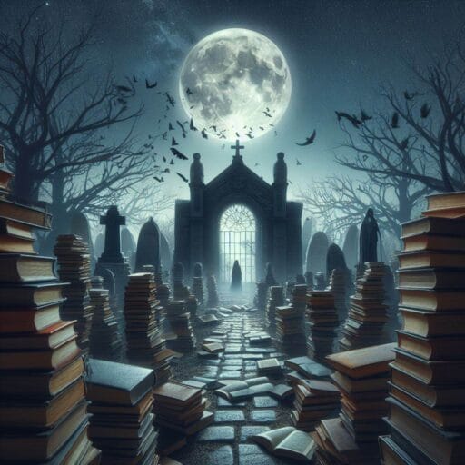una imagen inspirada en el libro 'la sombra del viento' de Carlos Ruiz Zafon con un cementerio de libros