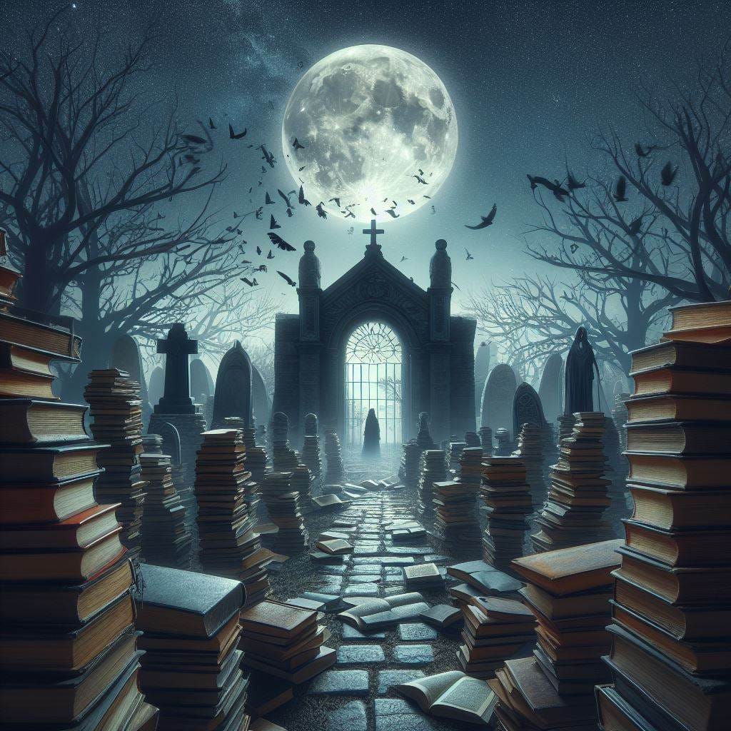 una imagen inspirada en el libro 'la sombra del viento' de Carlos Ruiz Zafon con un cementerio de libros