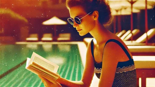 a 1990s newspaper style photograph showing a woman in a swimsuit, sitting by the edge of a pool on vacation. she is wearing sunglasses and appears dee. Libros para tus próximas vacaciones