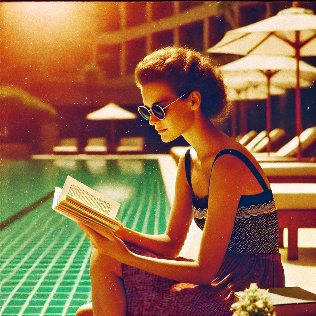 a 1990s newspaper style photograph showing a woman in a swimsuit, sitting by the edge of a pool on vacation. she is wearing sunglasses and appears dee. Libros para tus próximas vacaciones