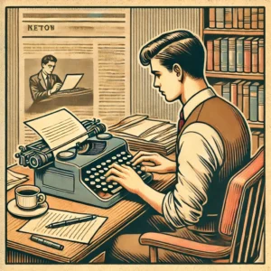 DALL·E 2025 01 08 17.12.51 A vintage illustration styled like a 1970s newspaper article. The image features a person sitting at a desk typing on a classic typewriter.
